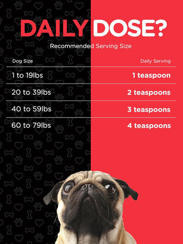 View 7 Dog supplement packaging with recommended serving size chart and a pug on a red and black background.