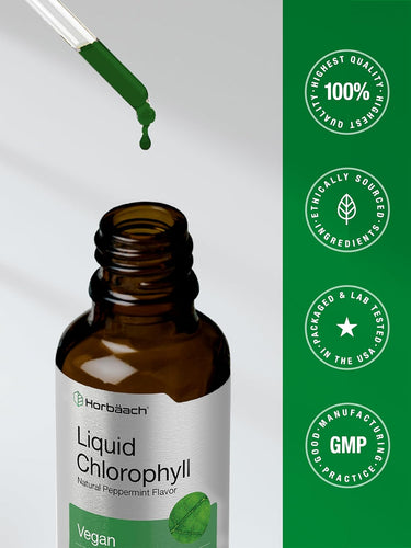 Bottle of Herb Bach Liquid Chlorophyll with a dropper and certification badges on a green and gray background