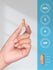 Hand holding a supplement pill with certification icons on a light blue background
