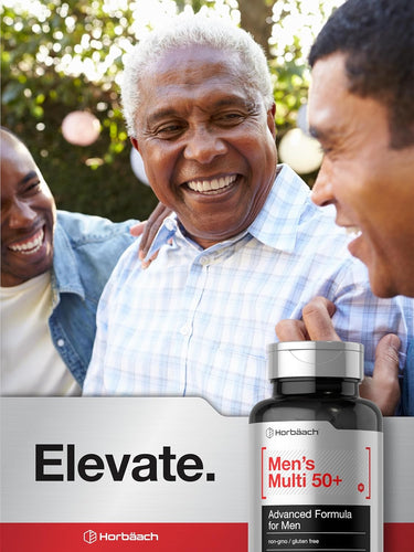 Bottle of Horbaach Men's Multi 50+ supplement with a group of men in the background