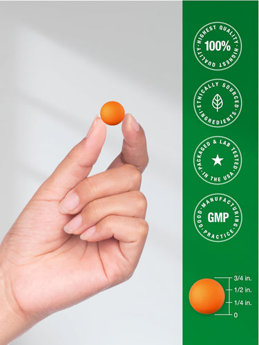 View 7 Infographic showcasing 100% highest quality, ethically sourced, packaged, and lab-tested in USA; GMP practice. Gummy is 1/2 inch.