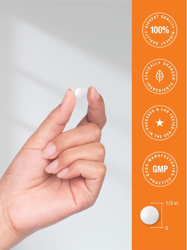 View 7 Infographic displays 'HIGHEST QUALITY 100%' with ethically sourced ingredients, packaged and lab tested in USA, GMP certified, 1/3 in. tablet.