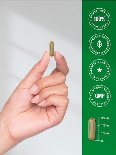 View 7 Infographic details: olive-green capsule 3/4 in. long with qualities: 100% highest quality, ethically sourced, lab tested USA, GMP.