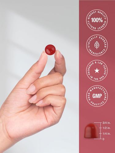 View 7 A red gummy is held between two fingers, with a graphic showing the gummy's height as approximately 3/4 inch.