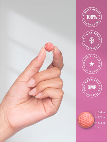 View 7 Infographic showing 100% quality, ethically sourced ingredients, packaged and lab tested in USA, following GMP. Gummy is half inch.