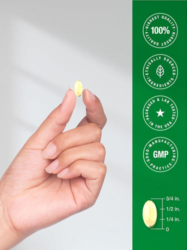 View 7 CL Odorless Garlic 3600 mg softgel, 3/4 inch long, held by fingers, with product quality assurances shown on the right.