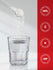 Powder being added to a glass of water with certification logos on a red background