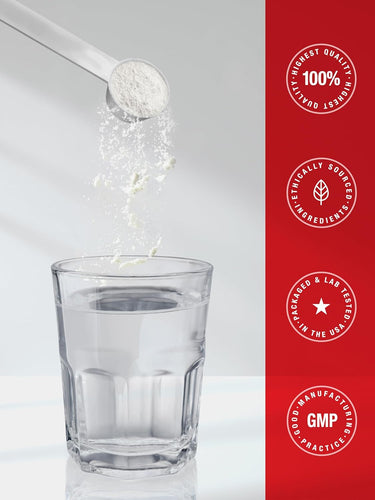Powder being added to a glass of water with certification logos on a red background