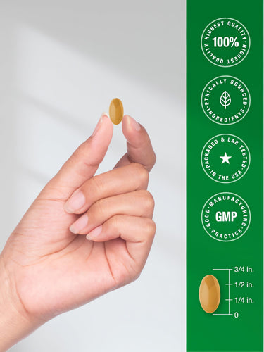 View 7 Infographic showing highest quality, 100% ethically sourced ingredients, packaged and lab tested in the USA, GMP. Softgel is 3/4 inch.
