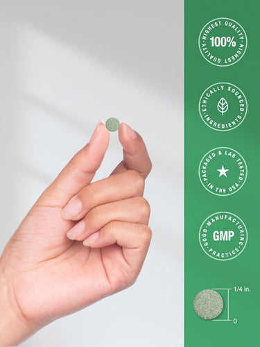 View 7 Infographic showing 100% highest quality, ethically sourced ingredients. Packaged & lab tested in USA, GMP. Green tablet is 1/4 in.