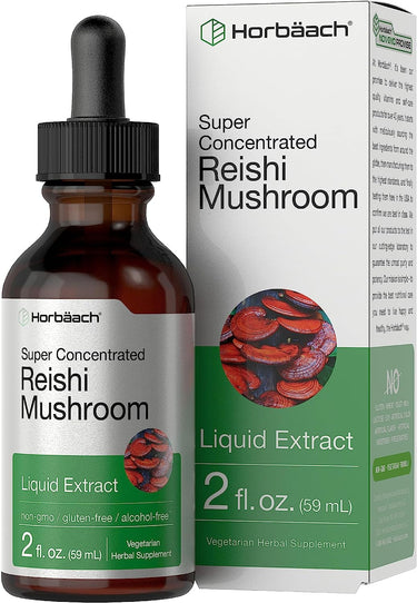 Horbaach Reishi Mushroom liquid extract bottle and packaging on a white background