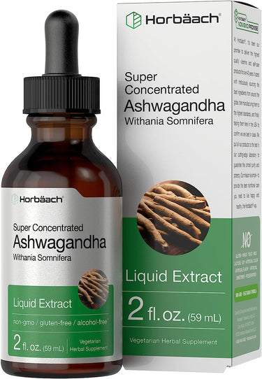 Horbaach Super Concentrated Ashwagandha Liquid Extract bottle and packaging on a white background