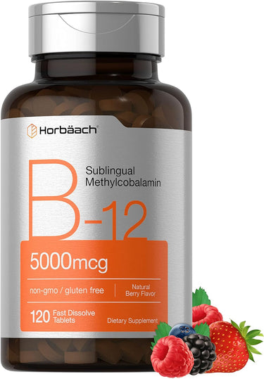 A bottle of Horbaach Vitamin B-12 5000mcg dietary supplement containing 120 fast dissolve tablets, with berries depicted alongside.