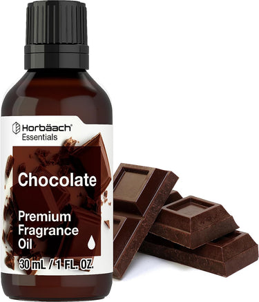 Bottle of Horbaach Chocolate Premium Fragrance Oil with chocolate bars on a white background