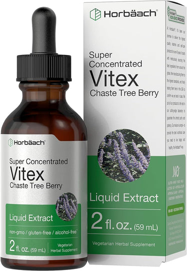 Horbaach Vitex Chaste Tree Berry liquid extract bottle and packaging on a white background