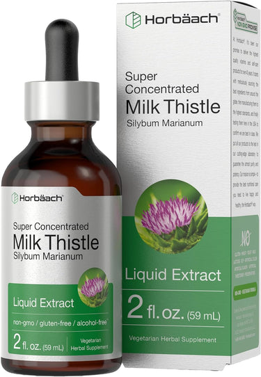 Horbaach Super Concentrated Milk Thistle Liquid Extract bottle and packaging.
