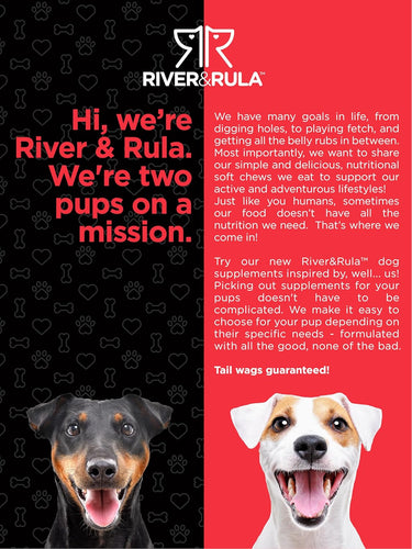 View 8 Advertisement for River & Rula dog supplements featuring two dogs on a red and black background.