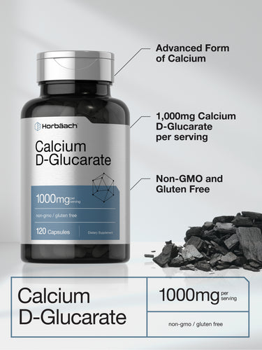 Bottle of Calcium D-Glucarate supplement with product details on a light gray background
