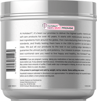 View 10 Back label for collagen peptides powder, showing Horbaach NON-GMO PROMISE, product quality information, warning, storage instructions, and manufacturer details.