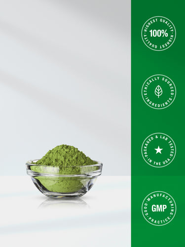 View 2 Graphic showing green supplement powder with quality badges stating 100% Highest Quality, Ethically Sourced Ingredients, Packaged & Lab Tested in the USA, and Good Manufacturing Practice GMP