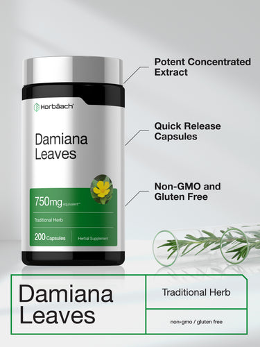 View 6 Graphic stating Potent Concentrated Extract, Quick Release Capsules, Non-GMO and Gluten Free, Damiana Leaves, Traditional Herb