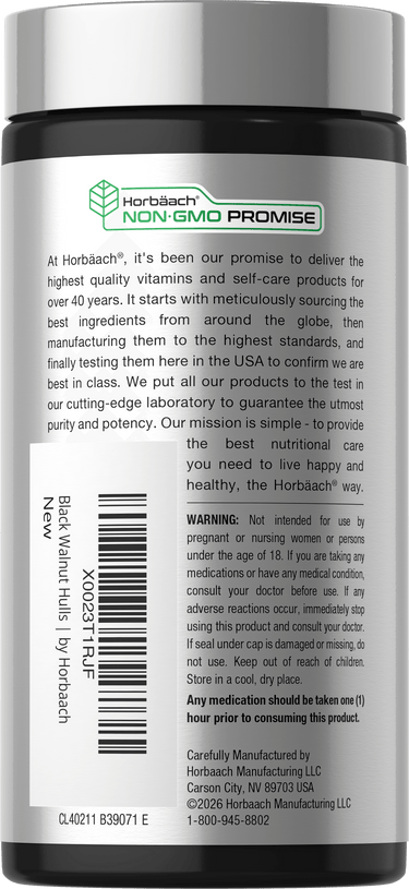 View 7 Back bottle shot with Horbaach Non-GMO Promise, product quality statement, warning, Black Walnut Hull label, barcode, and manufacturer information