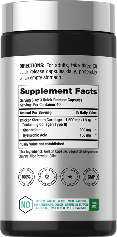 View 7 Back label / Supplement Facts for Chicken Sternum Cartilage, with icons indicating Gluten, Wheat, Yeast, Milk, Lactose, Soy, Artificial Color, Artificial Flavor, Artificial Sweetener, Preservatives Free, and Non GMO.