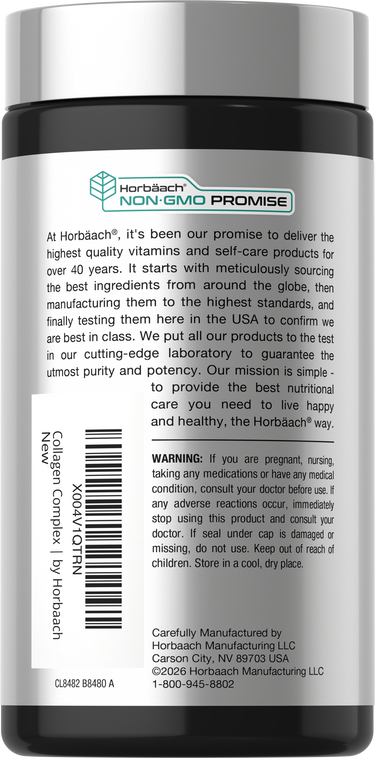 View 9 Back bottle label with Horbaach NON-GMO PROMISE, brand information, warning, barcode, and manufacturer details.