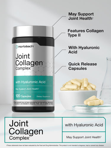 View 11 graphic stating May Support Joint Health†, Features Collagen Type II, With Hyaluronic Acid, Quick Release Capsules, Joint Collagen Complex† with Hyaluronic Acid, May Support Joint Health†.