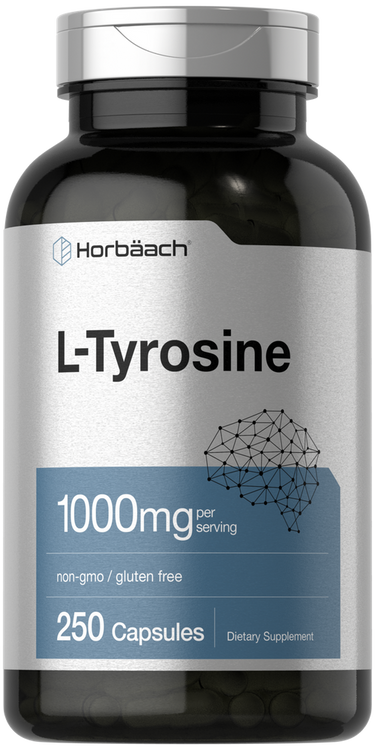View 1 Supplement bottle labeled 'L-Tyrosine' with 'Horbaach' branding on a white background