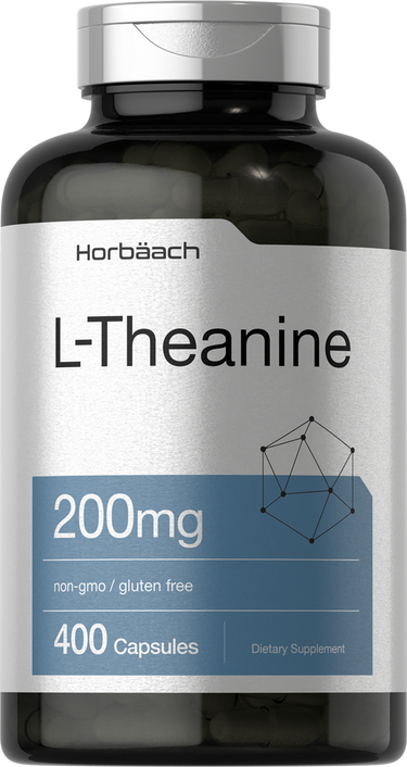 View 1 Supplement bottle labeled 'L-Theanine' with 200mg and 400 capsules on a white background.