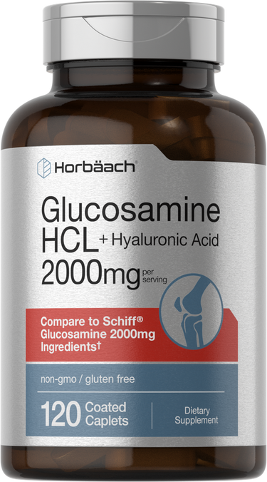 Horbaach Glucosamine HCL + Hyaluronic Acid supplement bottle on a white background