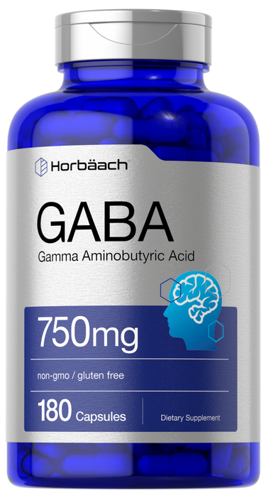 View 1 Blue supplement bottle labeled 'GABA' with Horbaach branding on a white background