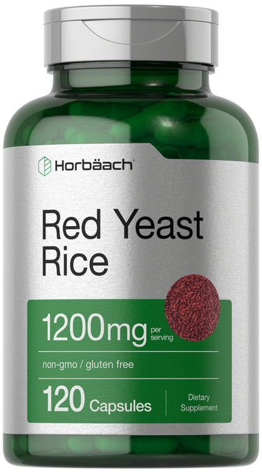 Bottle of Horbaach Red Yeast Rice supplement on a white background