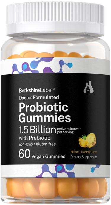 View 1 Bottle of Berkshire Labs Probiotic Gummies with a white cap and colorful label.