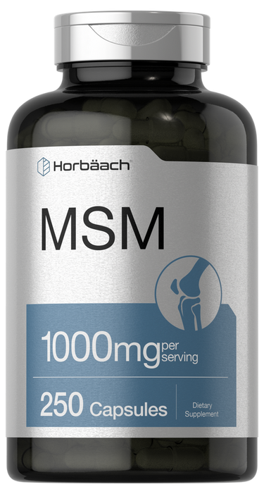 Horbaach MSM supplement bottle with label on a white background