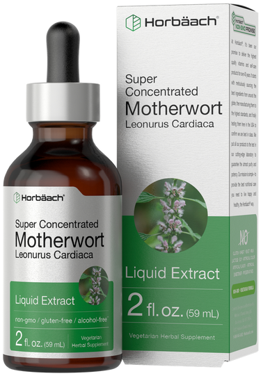 View 1 Horbaach Super Concentrated Motherwort Liquid Extract bottle and packaging on a white background