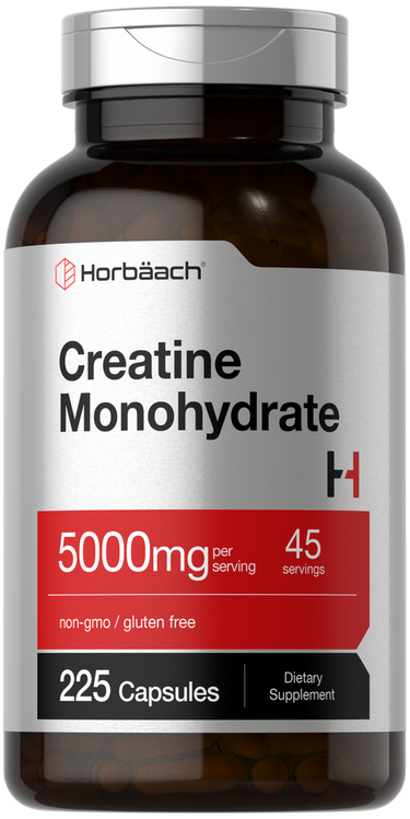 View 1 Supplement bottle labeled 'Creatine Monohydrate' with Horbaach branding on a white background.