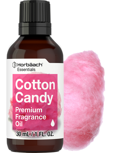 View 1 Bottle of Horbaach Cotton Candy fragrance oil with a pink cotton candy puff on a white background