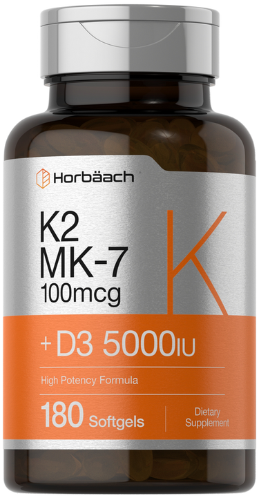 Supplement bottle labeled K2 MK-7 and D3 with Horbaach branding on a white background