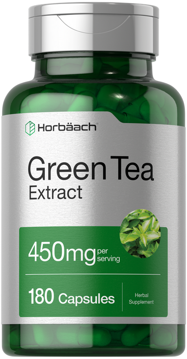 View 1 Green tea extract supplement bottle with 'Horbaach' branding on a white background