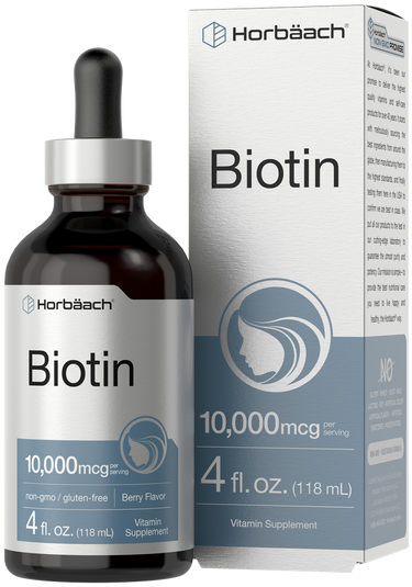 View 1 Biotin supplement bottle and packaging with 'Horbaach' branding on a white background