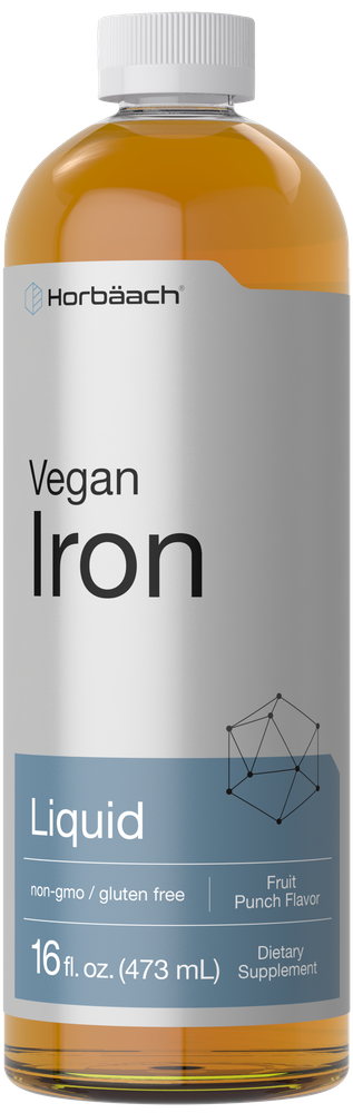 Horbaach Vegan Iron Liquid supplement bottle with fruit punch flavor on a white background