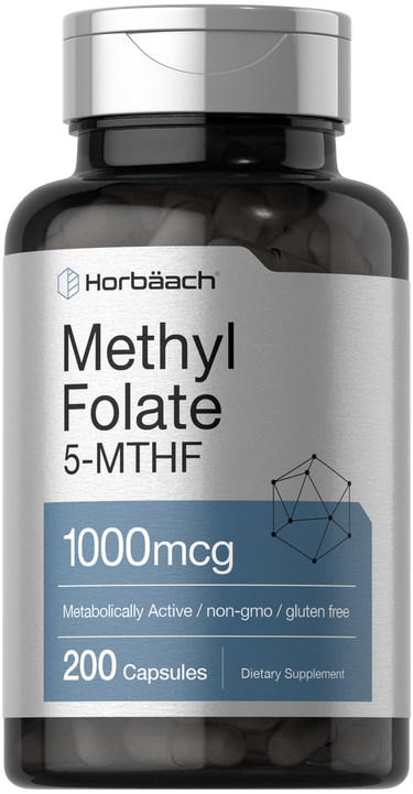 Supplement bottle labeled 'Methyl Folate 5-MTHF' by Horbaach on a white background