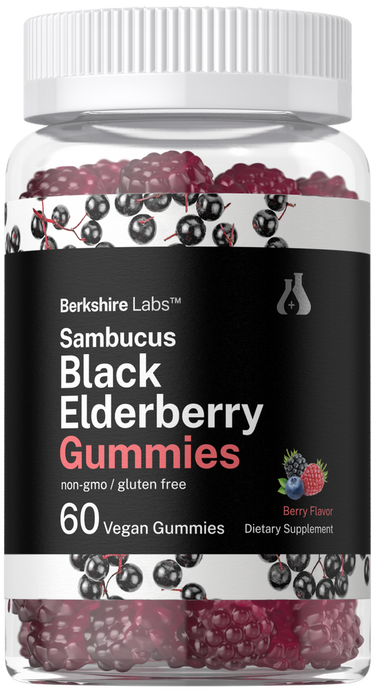 View 1 Bottle of Berkshire Labs Sambucus Black Elderberry Gummies with a clear container showing gummies inside.