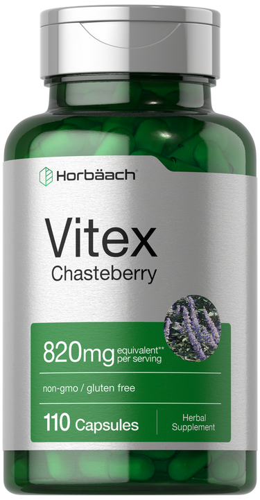 View 1 Vitex Chasteberry supplement bottle with green and silver design on a white background