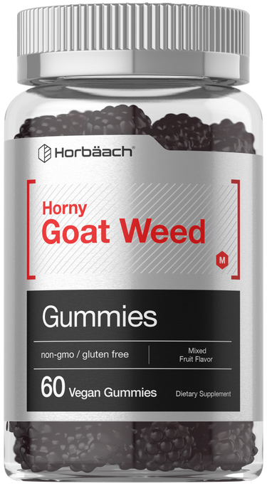 View 1 Horny Goat Weed Gummies, 60 count, vegan, mixed fruit flavor.