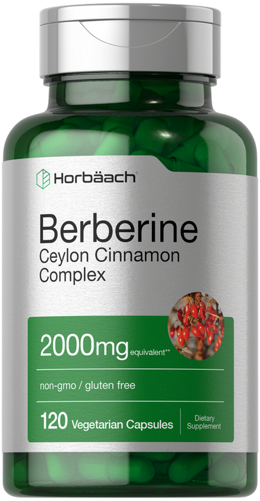 View 1 Green supplement bottle labeled 'Berberine Ceylon Cinnamon Complex' by Horbaach on a white background.