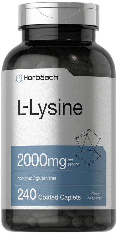 Bottle of Horbaach L-Lysine supplement with 2000mg per serving on a white background