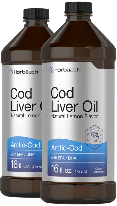 View 1 Two bottles of Horbaach Cod Liver Oil with Lemon Flavor on a white background